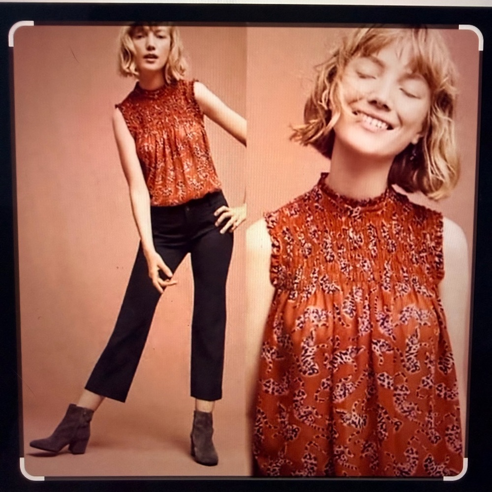 Maeve Anthropologie orange Tiger print Smocked Neck Blouse /6/